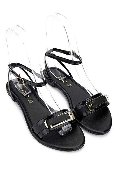 Tamer Tanca Women's Genuine Leather Black Patent Leather Flat Sandals