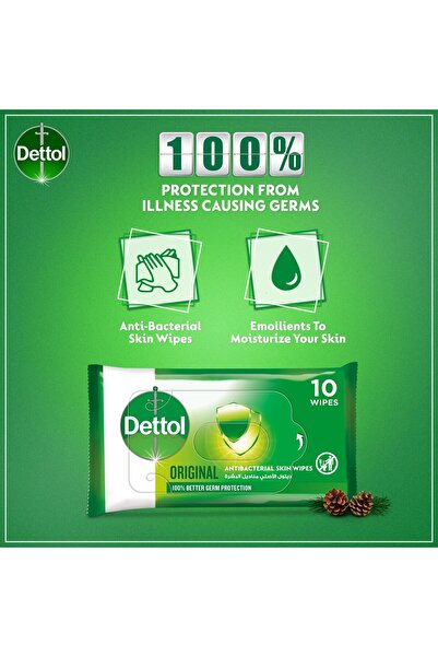Dettol Original Antibacterial Skin Wipes 10pcs Kills 99.9% Germs, Quick-dry Formula, Safe & Gentle