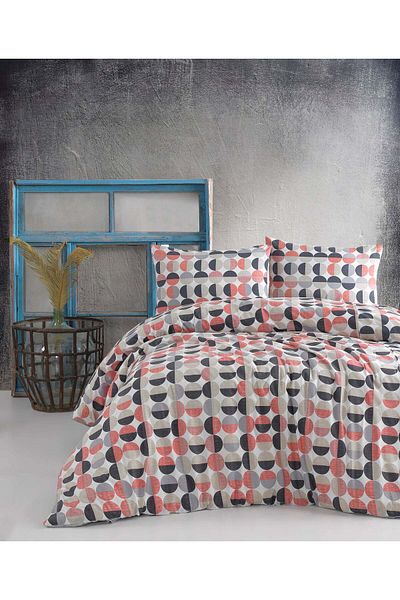 DemoHome Double bed linen set made of satin cotton with pattern - fitted sheet, flat sheet, 2 pillowcases