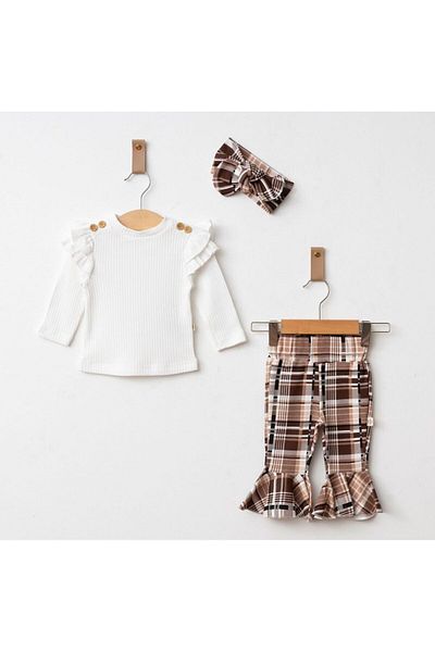 URZALO Plaid Patterned Shoulder Ruffle Bandana Baby Girl Set