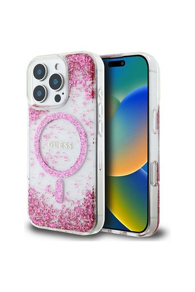 Guess Case for iPhone 16 Pro - Guess Hardcase Resin Bottom Glitter MagSafe (GUHMP16LRGRGEP) - Pink
