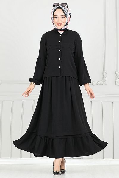 ModaMerve Button Front Skirt Suit 3094Hbs932-M Black