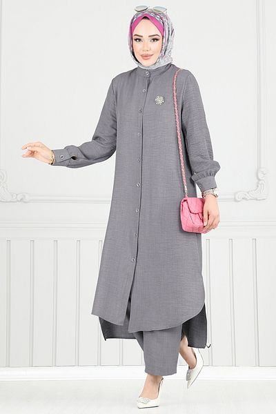 ModaMerve Σετ Hijab με σχισμή 408DVL897-M Γκρι