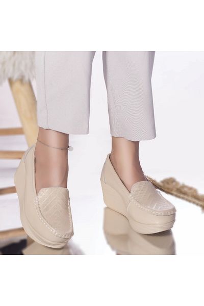 MODA STİL Dominican platform shoes, beige genuine leather, 40