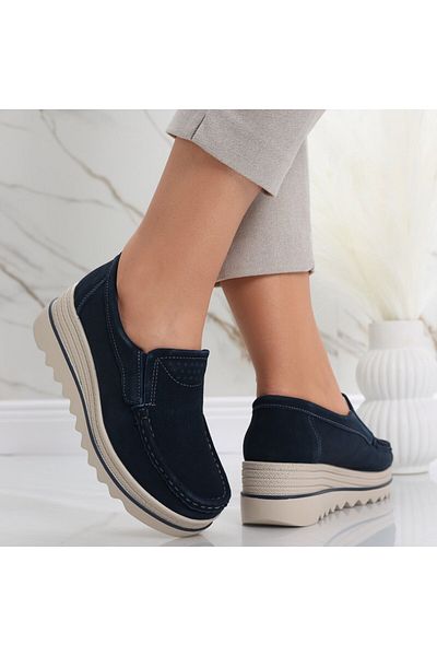 MODA STİL Women's Navy Blue Platform Shoes Made of Genuine Suede Leather Gabrena, 38