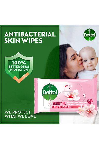 Dettol Skincare Antibacterial Skin Wipes 10pcs 99.9% Germ Protection & Gentle Skin Care