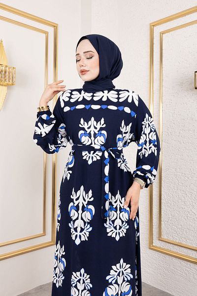 Tesettür Dünyası Φόρεμα με σχήμα Ethnic Pattern Viscose TSD250193 Navy Blue