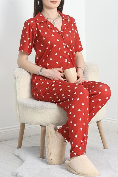 skycott Women's Cotton Button-Down Short Sleeve Pajamas Set Red Color Shirt Collar Heart Pattern