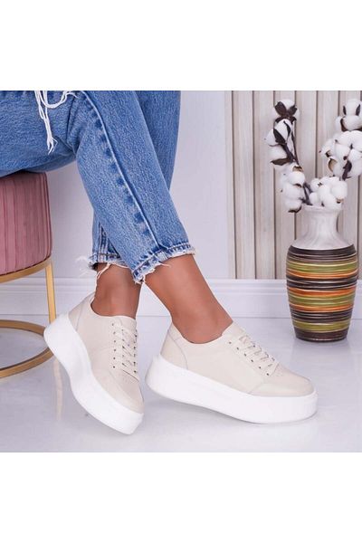 MODA STİL Women's Casual Shoes Beige Made of Genuine Leather Bria, 38