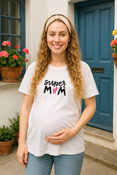 TARZ STİL تي شيرت للحوامل مطبوع عليه قلب سوبر ماما مع قماش قطني ناعم فاخر 24061