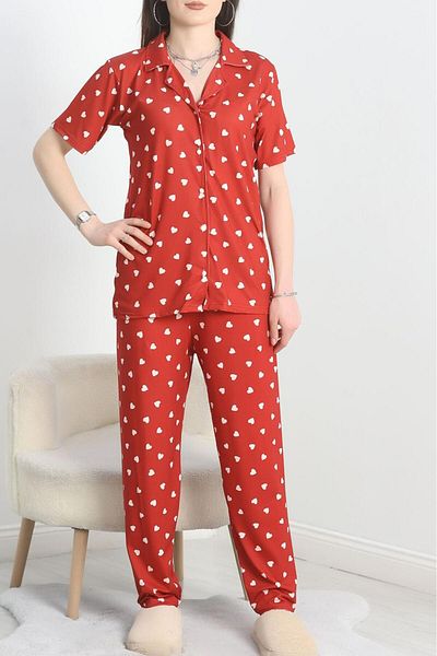 skycott Women's Cotton Button-Down Short Sleeve Pajamas Set Red Color Shirt Collar Heart Pattern