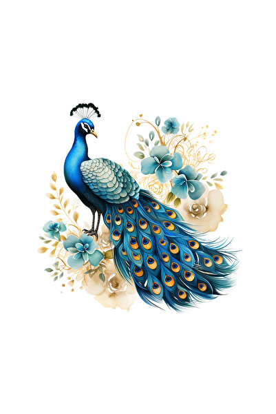 INOVATIX Set de 8 piese, autocolant păun albastru cu flori albe, INOVATIX®. 6 cm