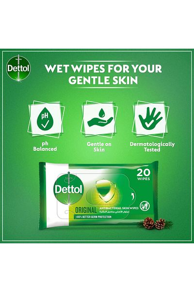 Dettol Original Antibacterial Skin Wipes 20pcs 99.9% Germ Protection & Gentle Skin Care