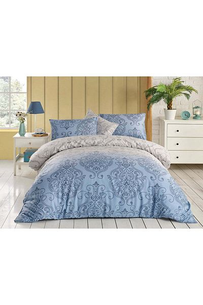 DemoHome Double king size satin cotton bedding set with pattern, fitted sheet, bed, 2 pillowcases
