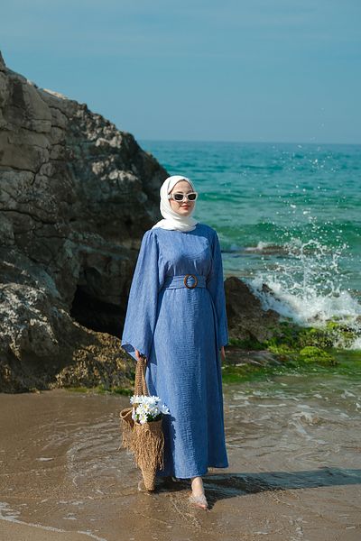 LOCCO Rochie de damă cu mânecă liliac cu șireturi în talie albastră