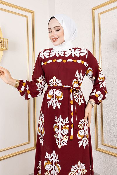Tesettür Dünyası Φόρεμα με σχήμα Ethnic Pattern Viscose TSD250193 Μπορντό
