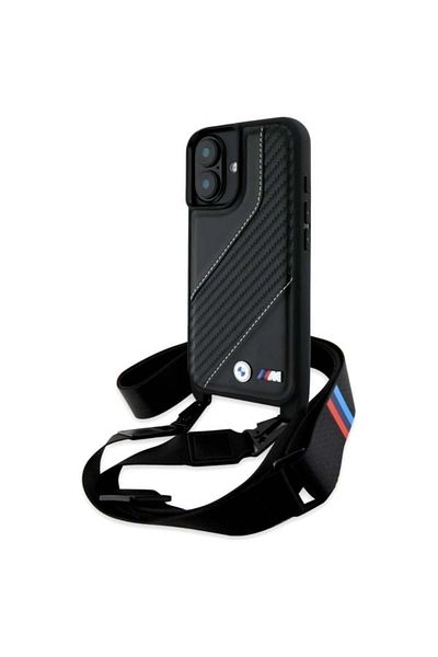 BMW Case for iPhone 16 Plus - BMW Leather M Edition Carbon Stripe & Strap (BMHCP16M23PSCCK) - Black