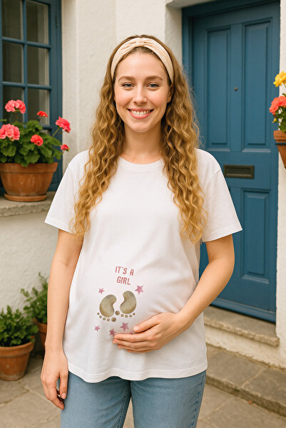 TARZ STİL Μπλουζάκι εγκυμοσύνης Premium από μαλακό χτενισμένο βαμβακερό ύφασμα Baby Foot με τύπωμα 10193