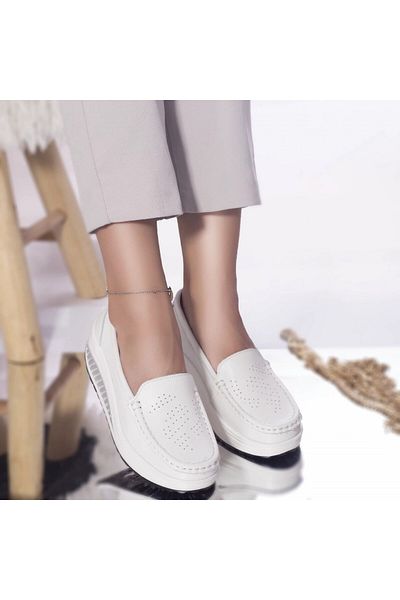 MODA STİL Women's white platform shoes, natural leather, nancy, 36