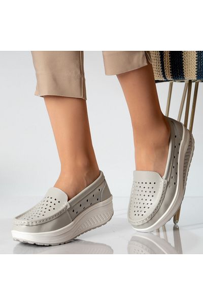 MODA STİL Women's casual shoes, grey, natural leather, pearl, 39