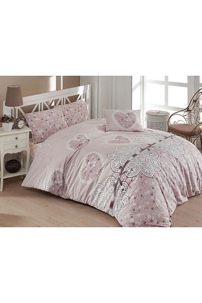 DemoHome Ranforce cotton double king size bedding set LACE HEART pink - fitted sheet, bed, 2 pillowcases