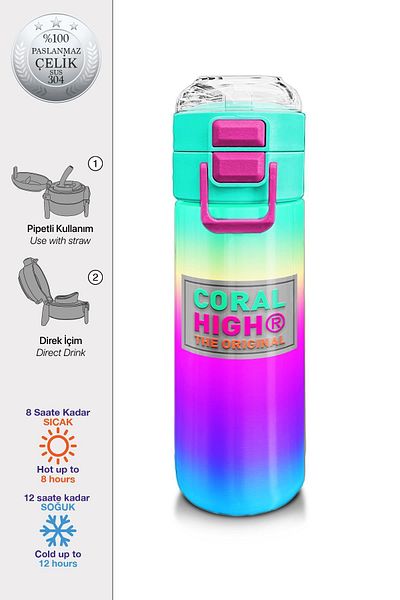 Coral High Kids Girl Patterned Straw and Direct Drinking Steel Thermos 500 ml