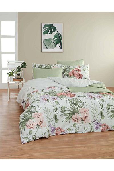 DemoHome Double bed linen set made of satin cotton with pattern - fitted sheet, flat sheet, 2 pillowcases