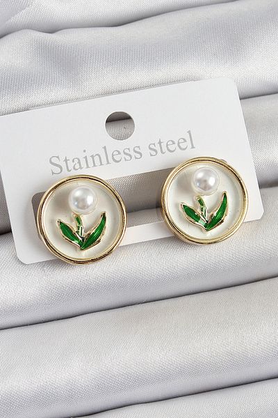 STİLLOVE Brass White Enameled Tulip Figured Artistic Portrait Model Gold Color Women's Earrings Sl12217
