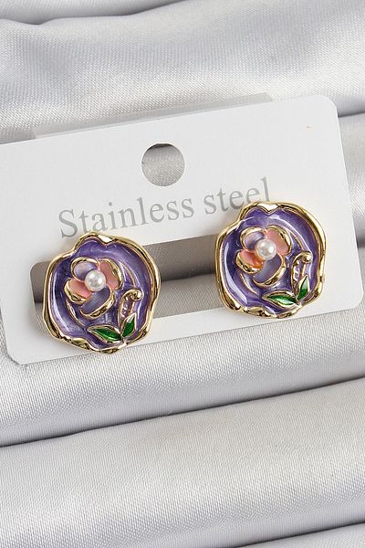 STİLLOVE Brass Purple Enamel Flower Figured Artistic Portrait Model Gold Color Women's Earrings Sl12220