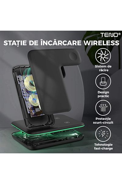 Teno Incarcator Wireless Teno®, Statie de Incarcare 3in1, compatibilitate universala, negru