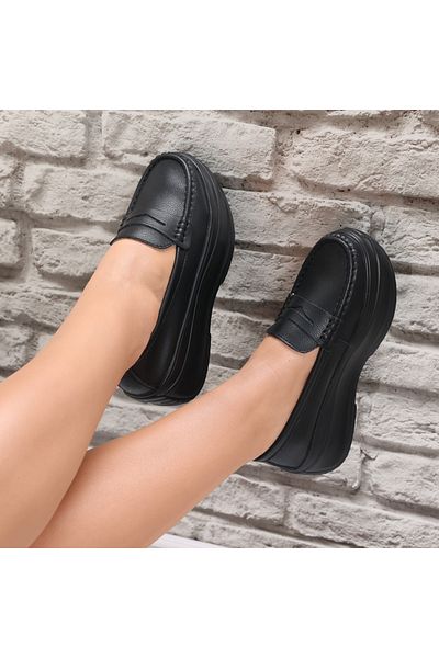 MODA STİL Women's Black Platform Shoes Made of Genuine Leather, 35