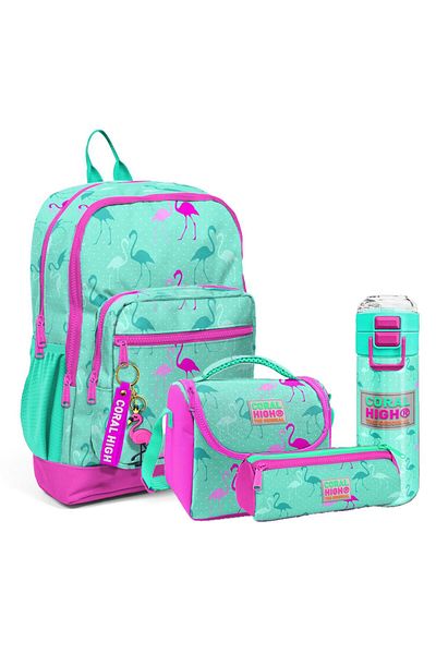 Coral High Set de 4 genți de școală cu model pentru copii (geantă de școală, nutriție, suport pentru stilou, sticlă de apă)