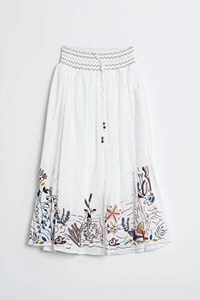 Nazen Giyim Embroidered Ecru Women's Skirt with Elastic Waist M37055-2Y5