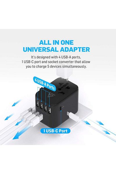 Generic ADONIT Lightweight 30 Watts Rapid Device Charging USB-A and USB-C Universal Travel Adapter Black