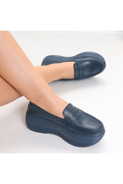 MODA STİL Women's Navy Blue Platform Shoes Made of Natural Alu Leather, 39