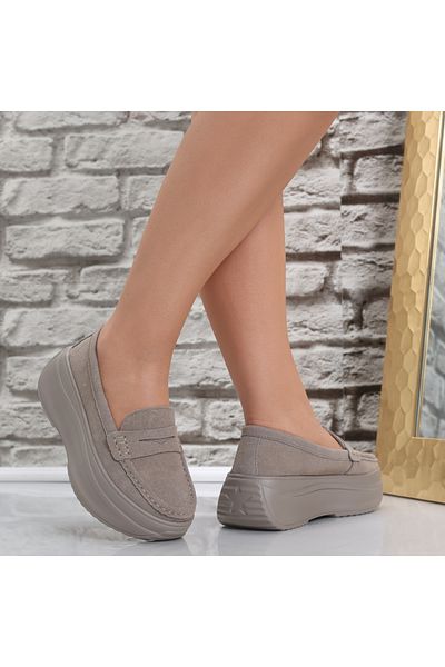 MODA STİL Women's Khaki platform shoes made of Alunsa genuine suede leather, 38