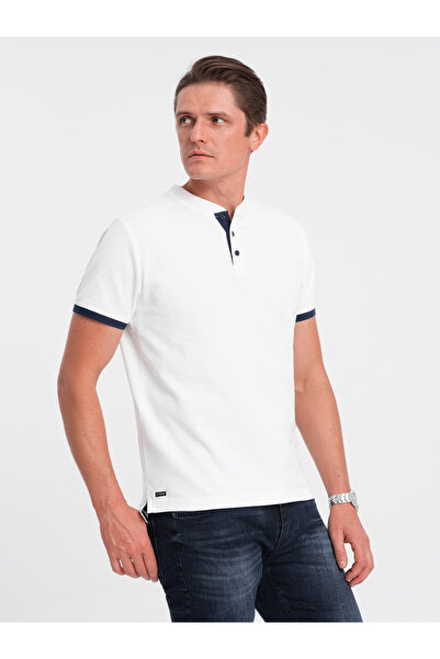 OMBRE Herren Poloshirt ohne Kragen - weiß V1 OM-TSCT-0156 L