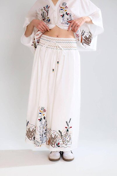 Nazen Giyim Embroidered Ecru Women's Skirt with Elastic Waist M37055-2Y5