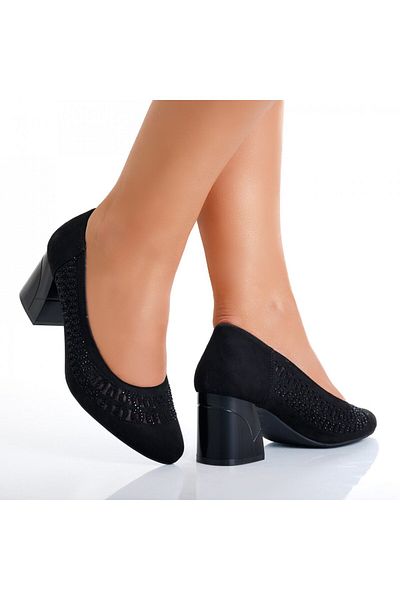 MODA STİL Women's Black Heeled Shoes Made of Digna Eco-Suede Leather, 39