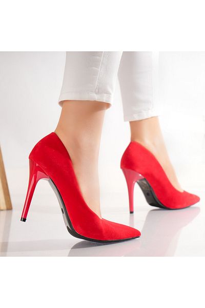 MODA STİL Women's Red Heeled Shoes Made of Eco-Suede Leather Naya, 37