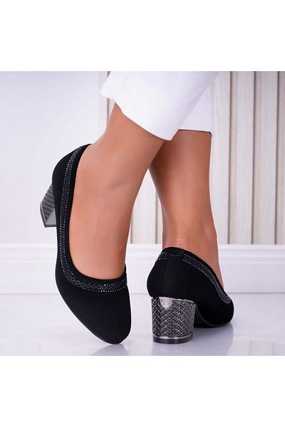 MODA STİL Women's Black Heeled Shoes Made of Suede Leather and Crystal Rhinestones, 39