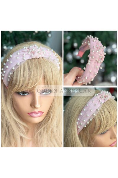 QUEEN AKSESUAR Luxury Design Pearl Embroidered Tulle Knotted Wide Crown Pink Female Child Crown