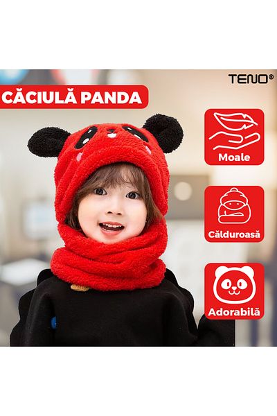 Teno Teno® Balaclava Hat for Children, 2 in 1, smiling panda bear pattern, 1-5 years, red