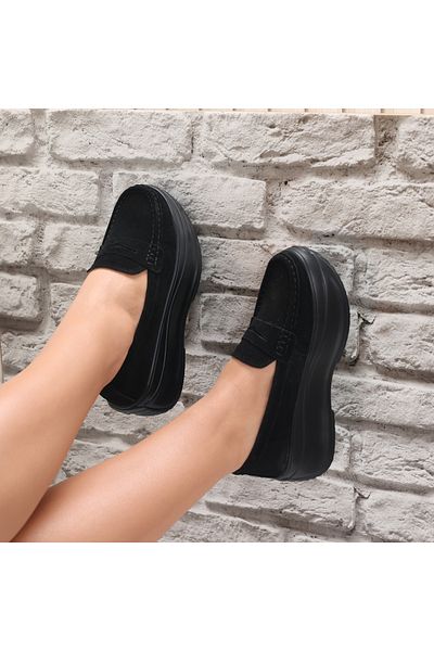 MODA STİL Women's Black Platform Shoes Made of Genuine Suede Leather, 38