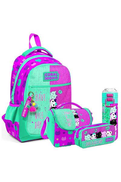 Coral High Set de 4 genți de școală cu model pentru copii (geantă de școală, nutriție, suport pentru stilou, sticlă de apă)