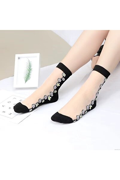 delis Sosete pentru dama, SS0150, model flori, Alb/Negru, marime universala