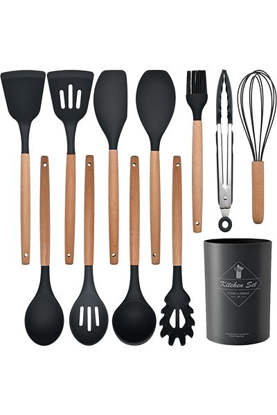 Teno Set Ustensile Bucatarie 12 Piese Silicon Alimentar Teno®, termorezistente, suport inclus, negru