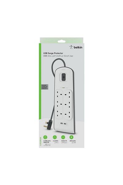 Generic belkin 6-Way Surge Protection Strip with 2-USB Port White 2m