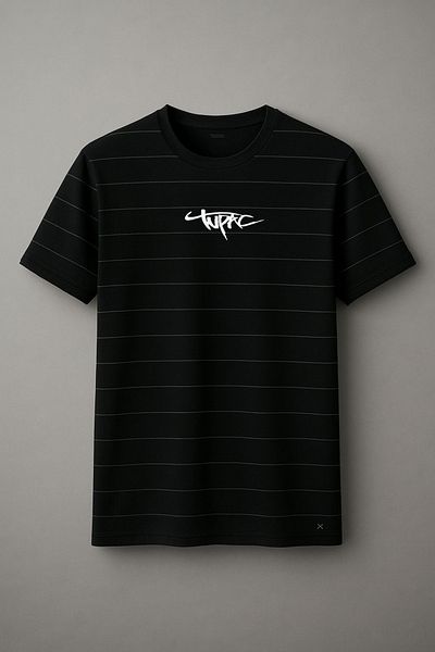 sielta Tupac Shakur Printed Striped Crew Neck Unisex Black T-Shirt T-Shirt