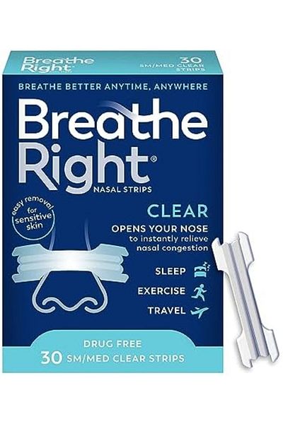 Breathe Right شرائط الأنف الأصلية الشفافة متوسطة/صغيرة الحجم للبشرة الحساسة، 30 قطعة